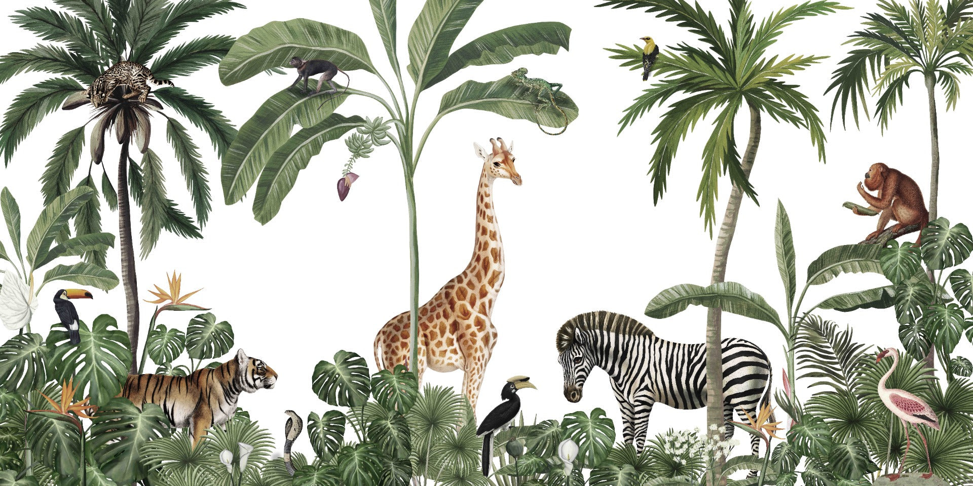 Tropical forest wild animals & trees wallpaper