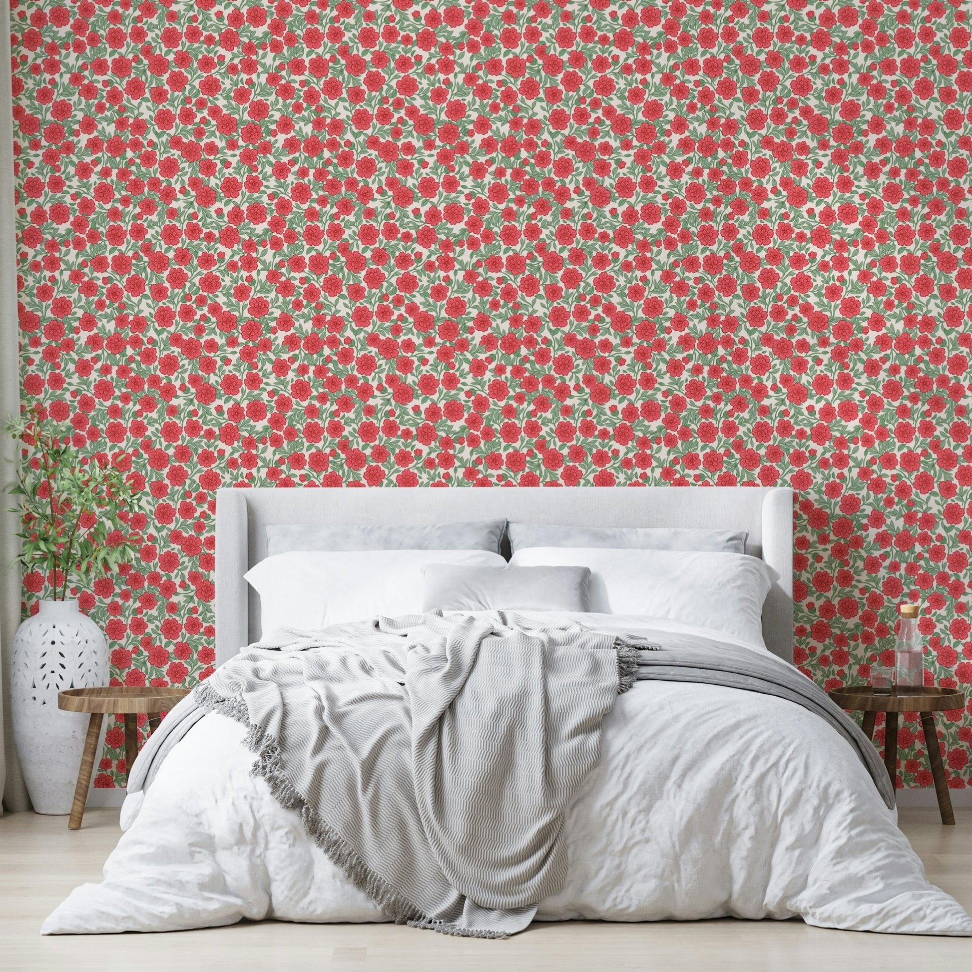 Bedroom wall with Juno pink floral wallpaper

