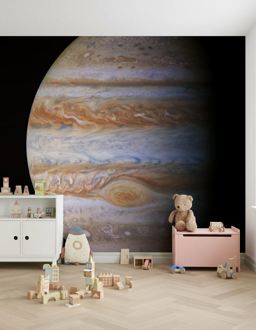 Jupiter's Majesty Wall Mural in a modern living room with dark furniture wallpaper.