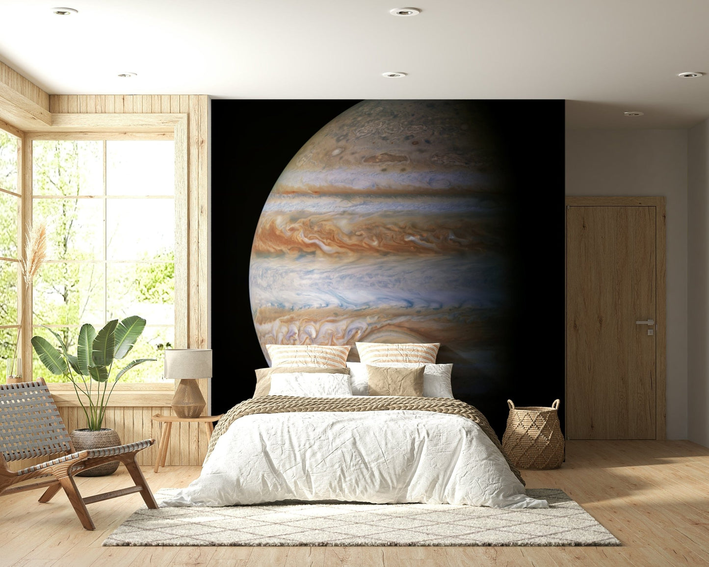 Large scale space wallpaper for an open plan apartment living area.