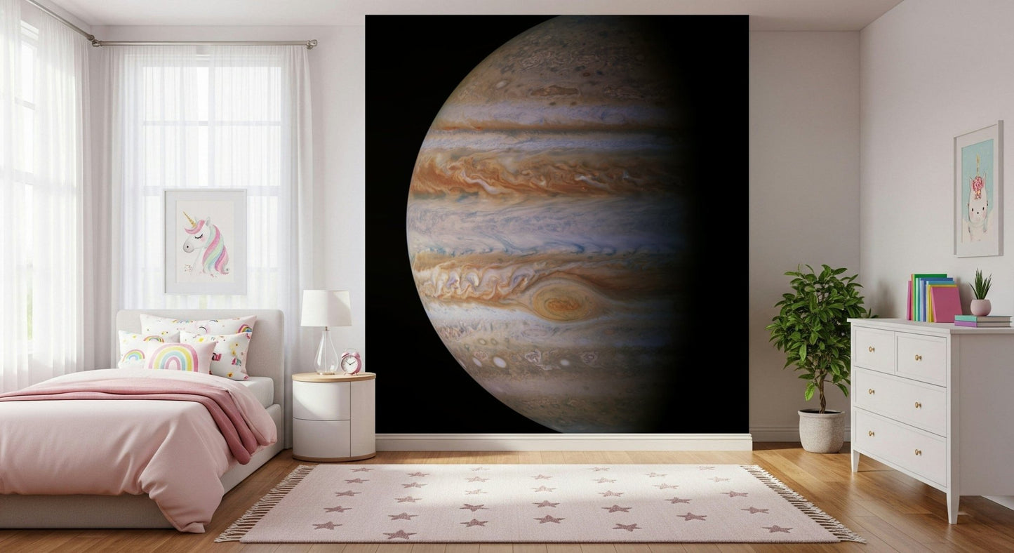 Detailed planetary atmosphere wall mural in a contemporary dining space.