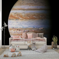 Outer space planet wall mural in a minimalist guest room or study.