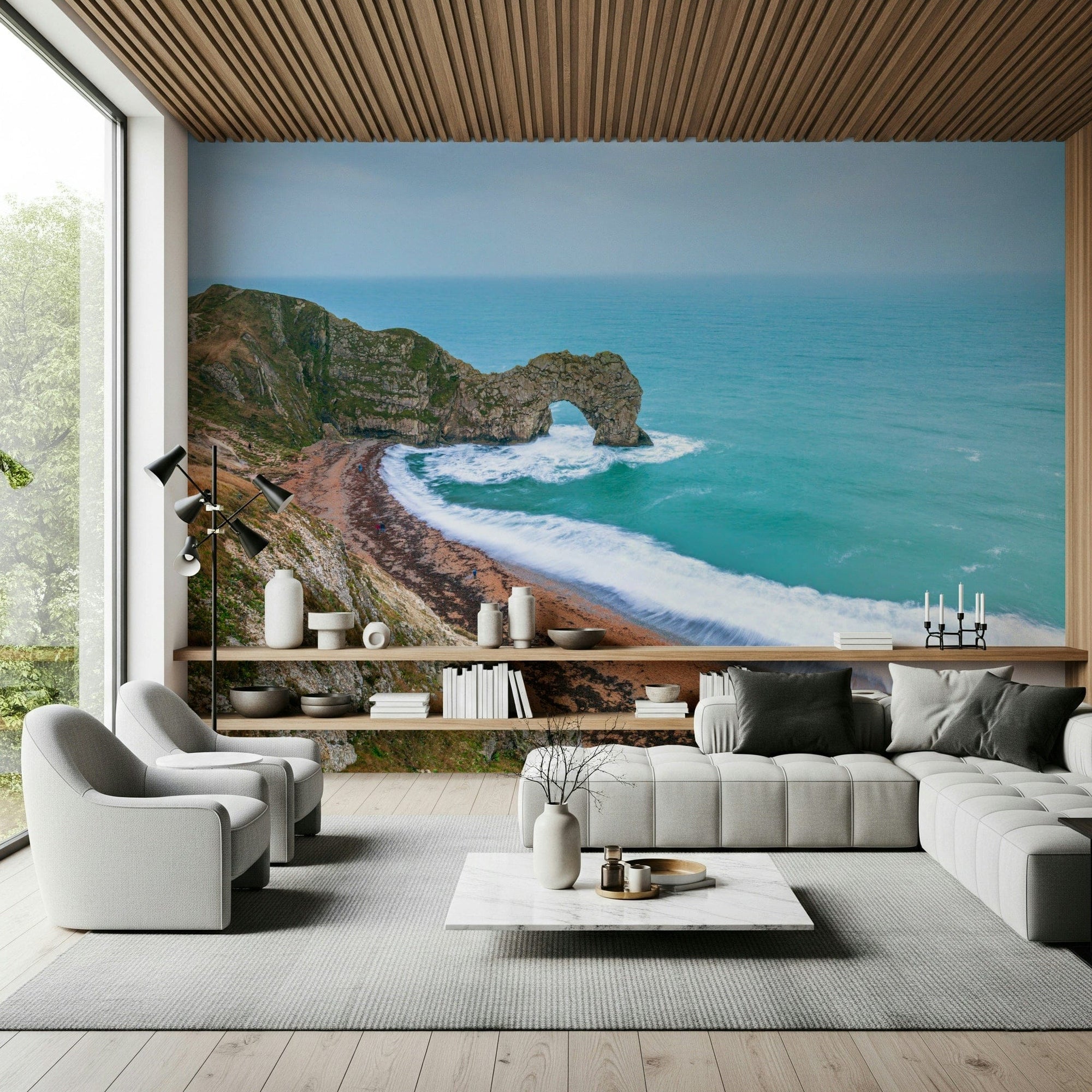 Jurassic Coast Wall Mural in a creative playroom with wooden toys wallpaper., GD7694