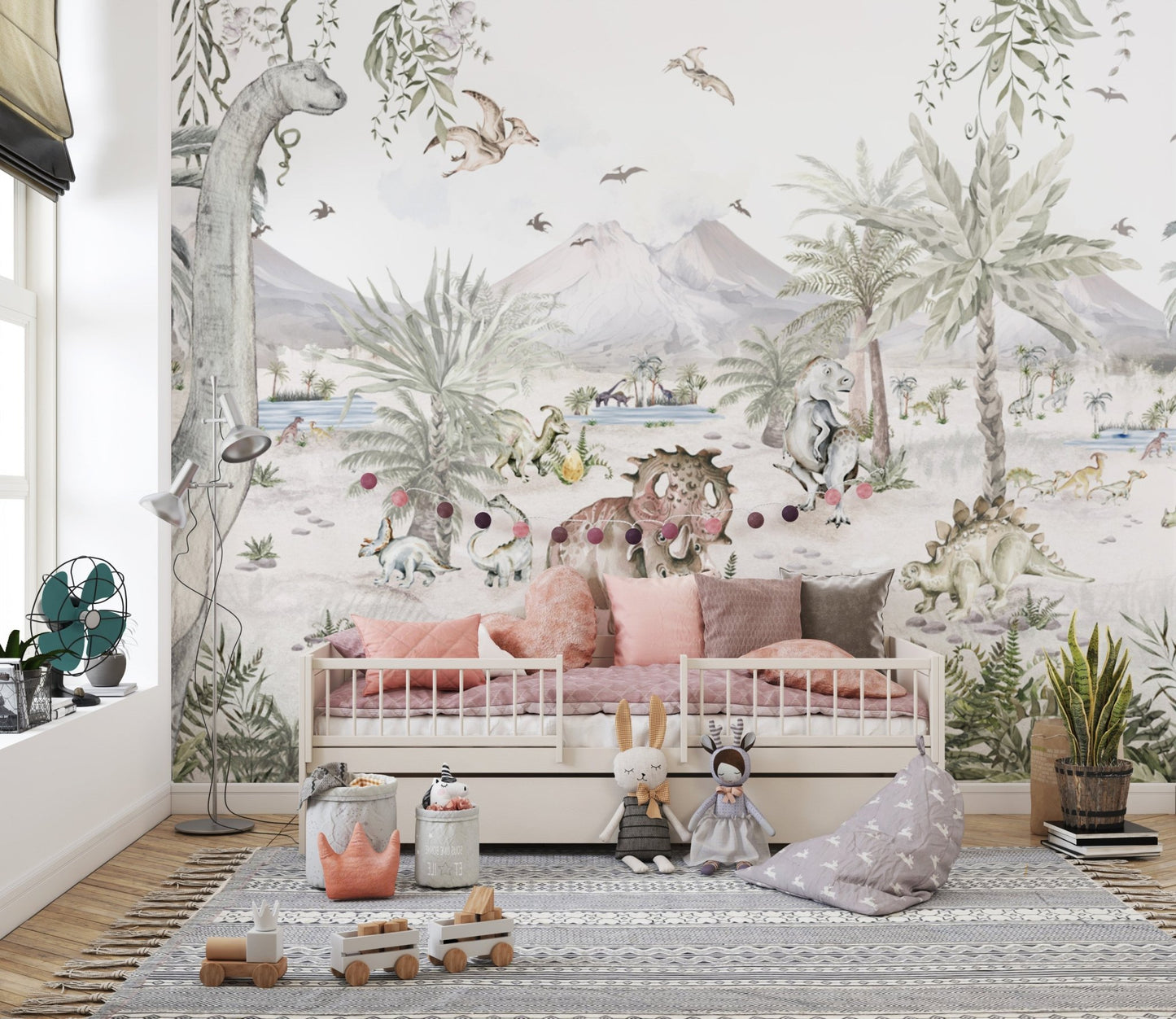 Dinosaur and palm tree wallpaper for kids
