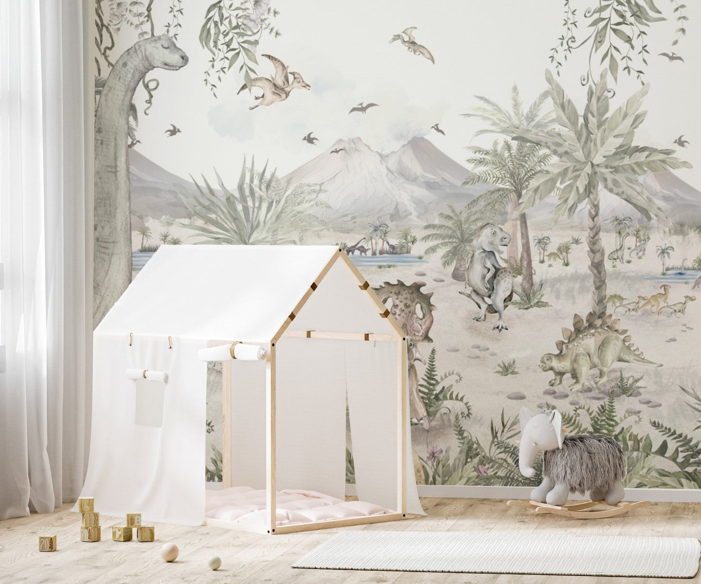 Nursery wallpaper with dinosaurs and volcanoes
