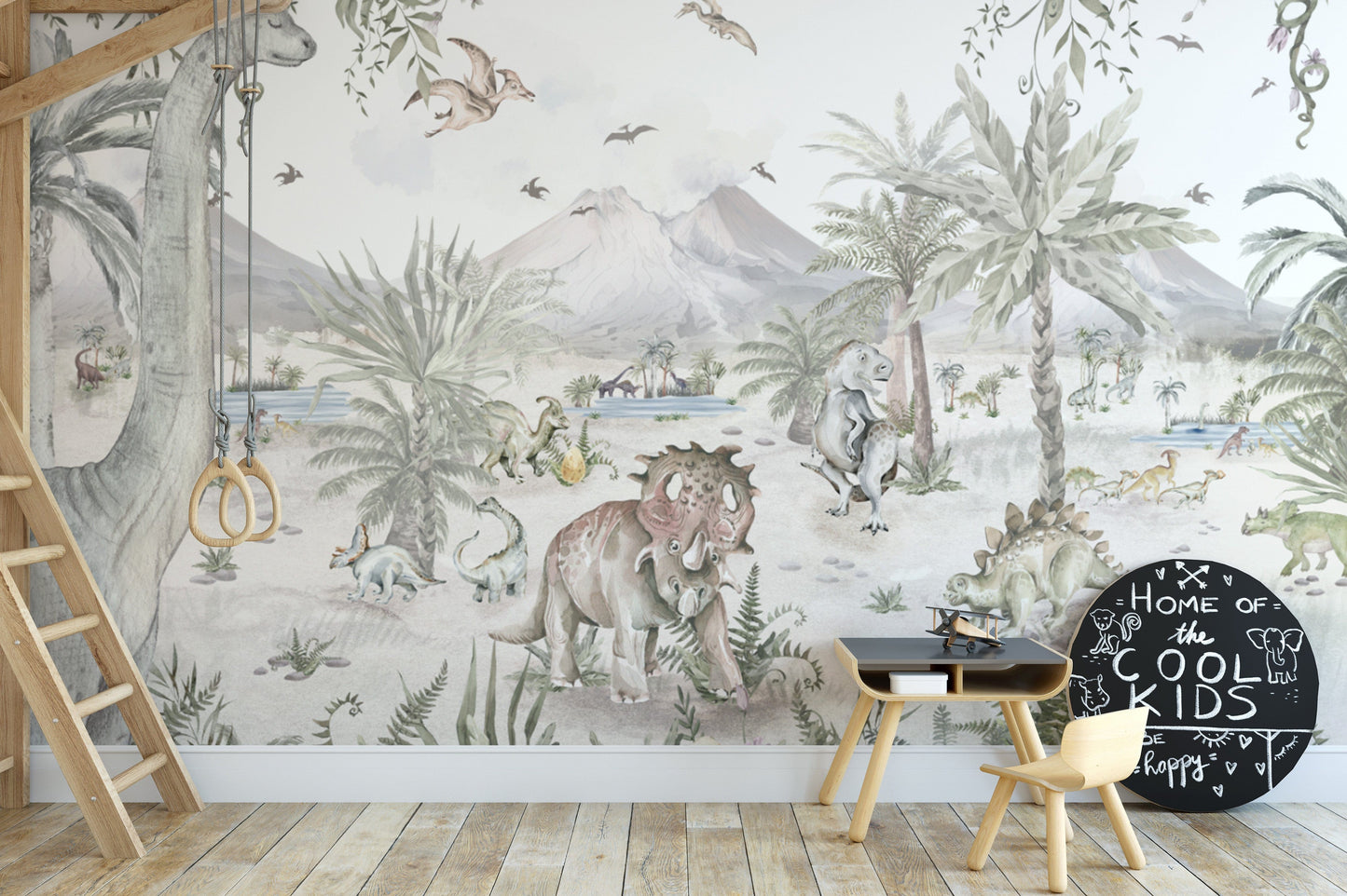 Kids nursery wallpaper featuring dinosaurs
