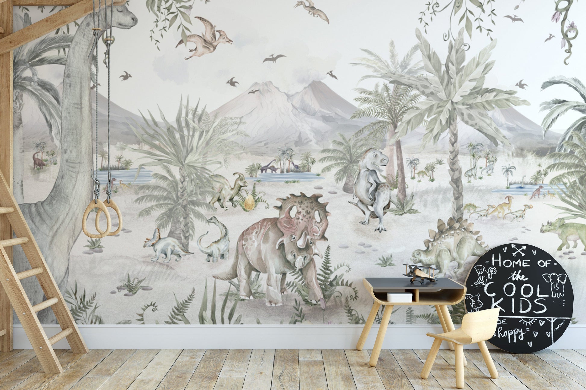 Kids nursery wallpaper featuring dinosaurs
