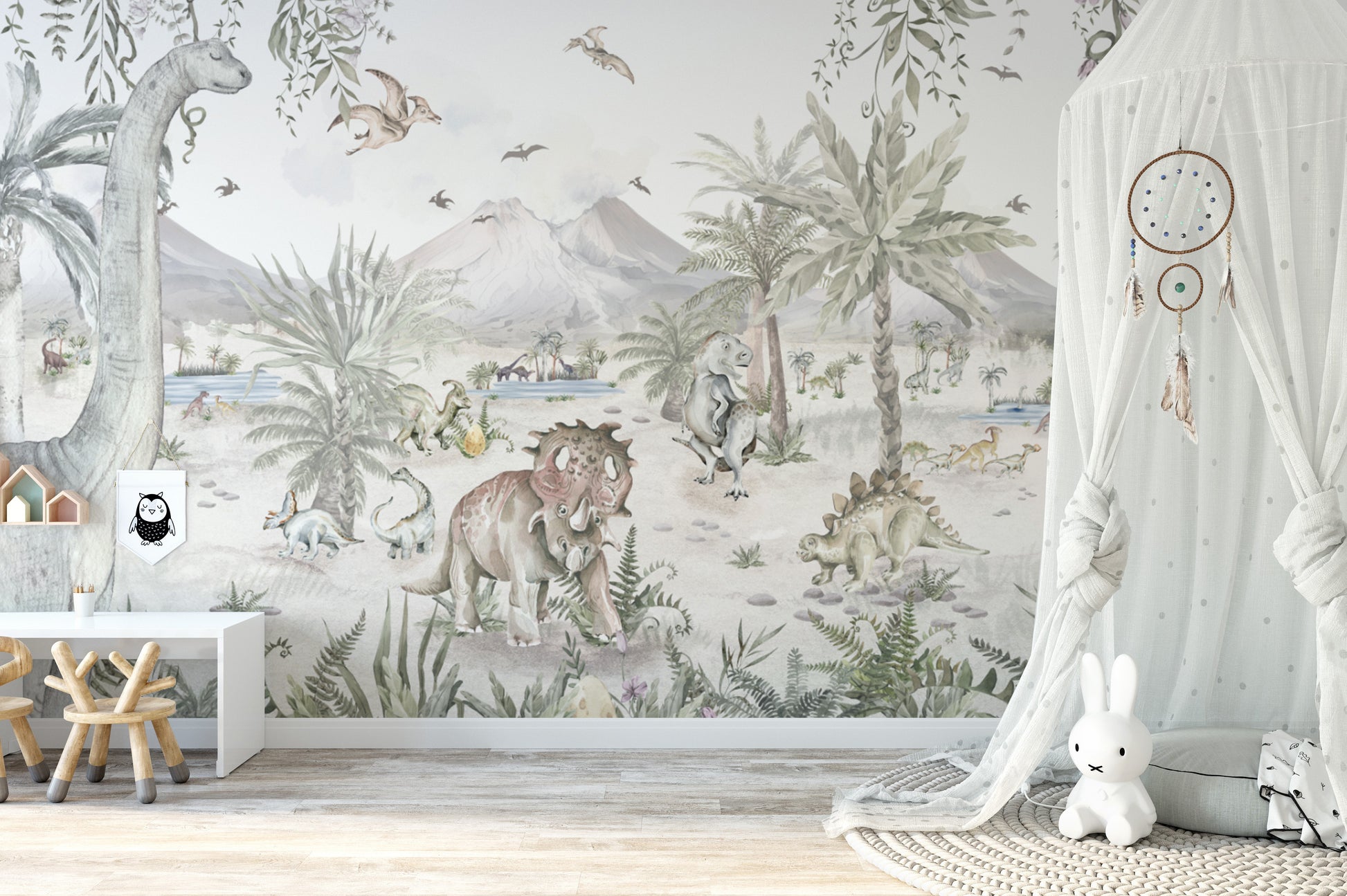 Jurassic-themed nursery wallpaper with dinosaurs
