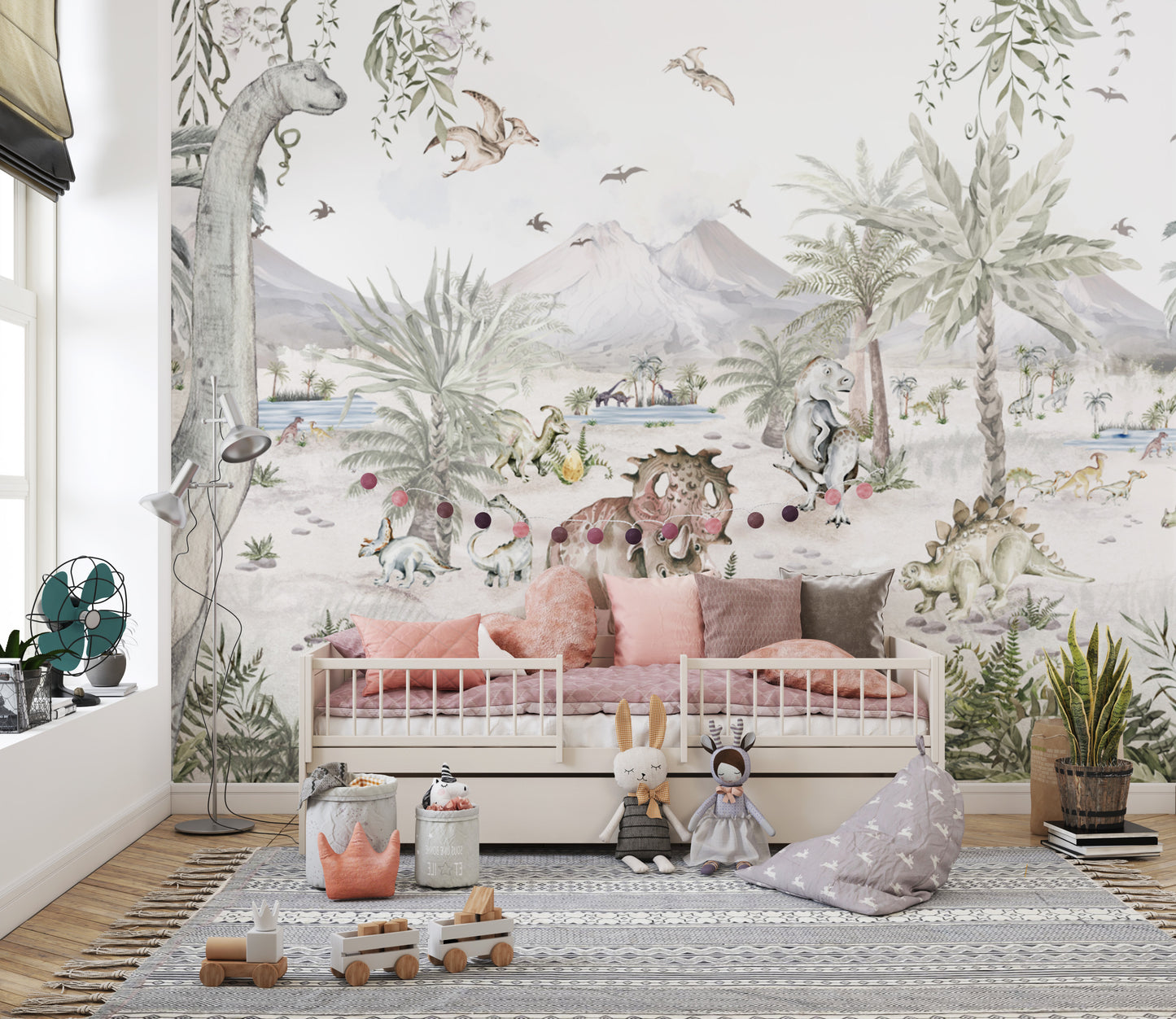 Dinosaur and palm tree wallpaper for kids
