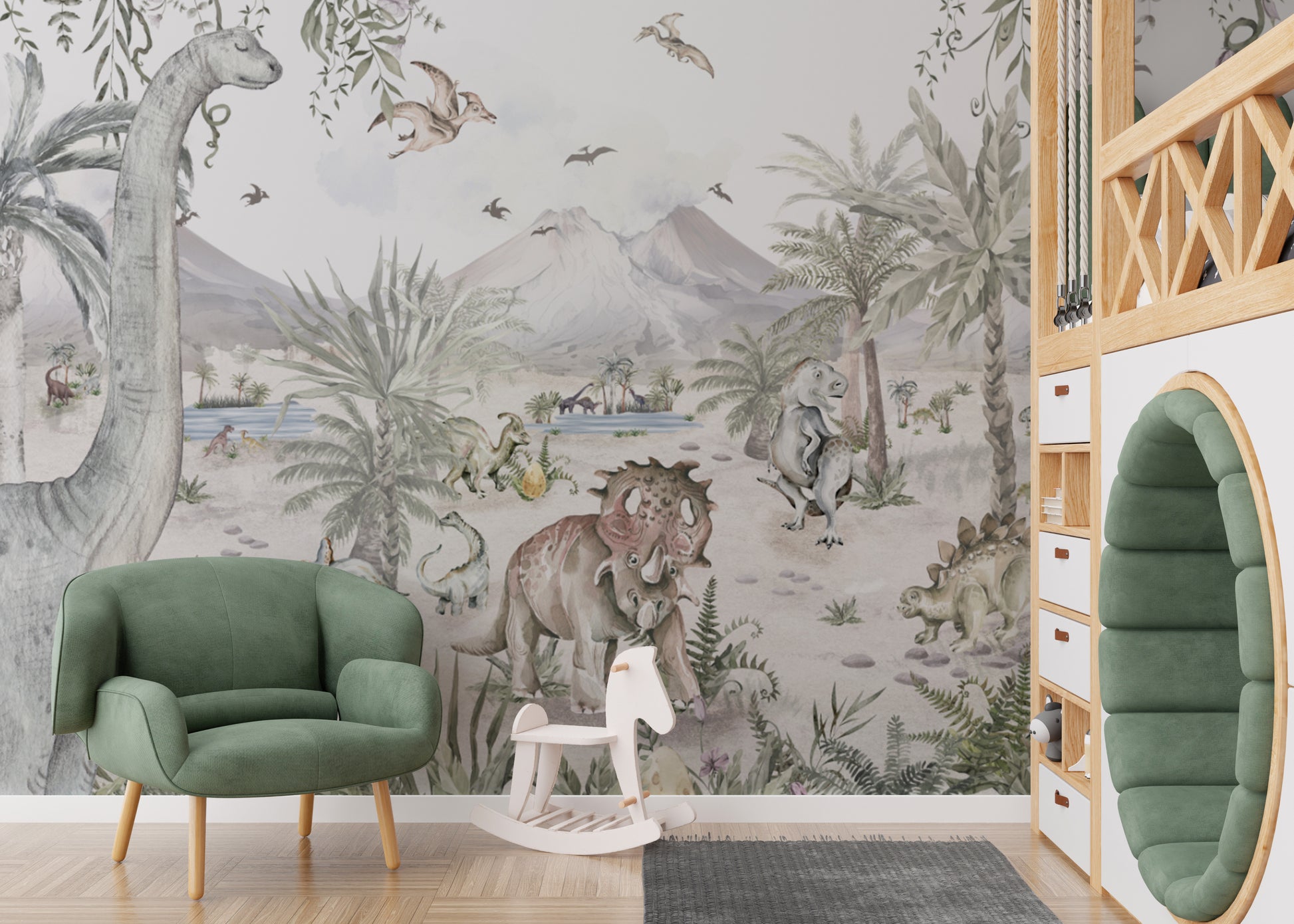 Jurassic dinosaur scene kids room wallpaper
