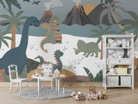 A smaller Stegosaurus is walking in the foreground.

