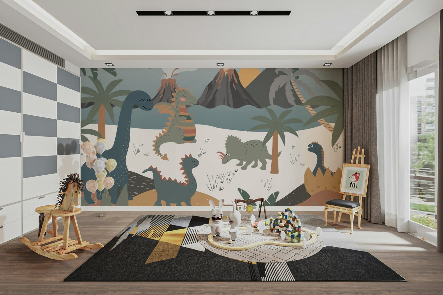 A large, gentle Brontosaurus is eating leaves from a tree.

