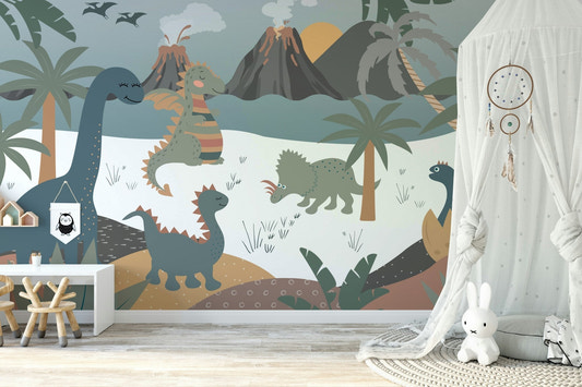 A lively scene with cartoon-style dinosaurs in a jungle.

