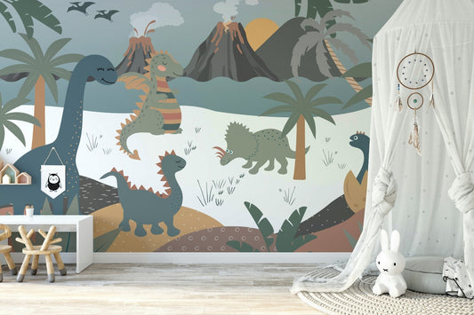 A lively scene with cartoon-style dinosaurs in a jungle.


