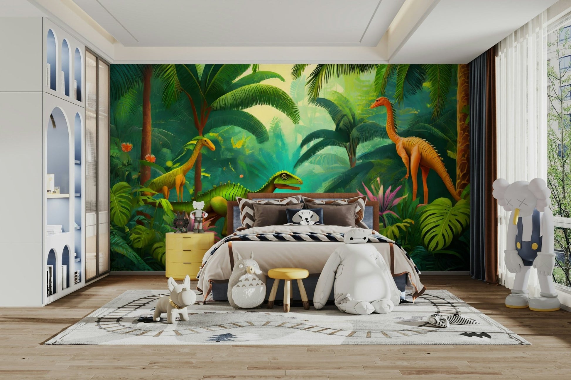 Peel-and-stick Jurassic Oasis mural for easy application

