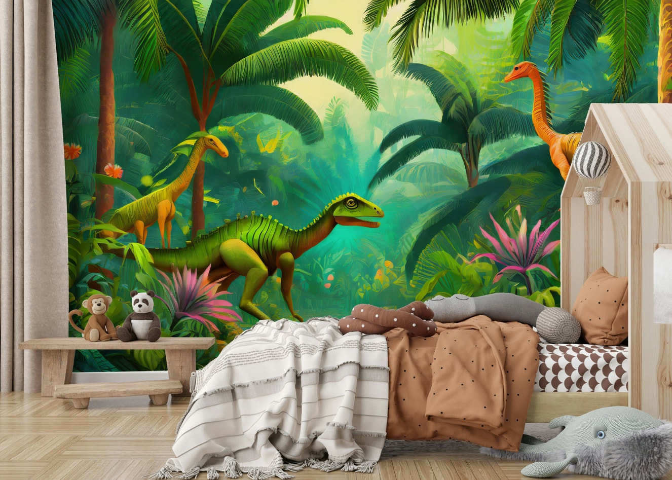 Jurassic Oasis wall mural with dinosaurs and lush greenery

