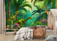 Jurassic Oasis wall mural with dinosaurs and lush greenery

