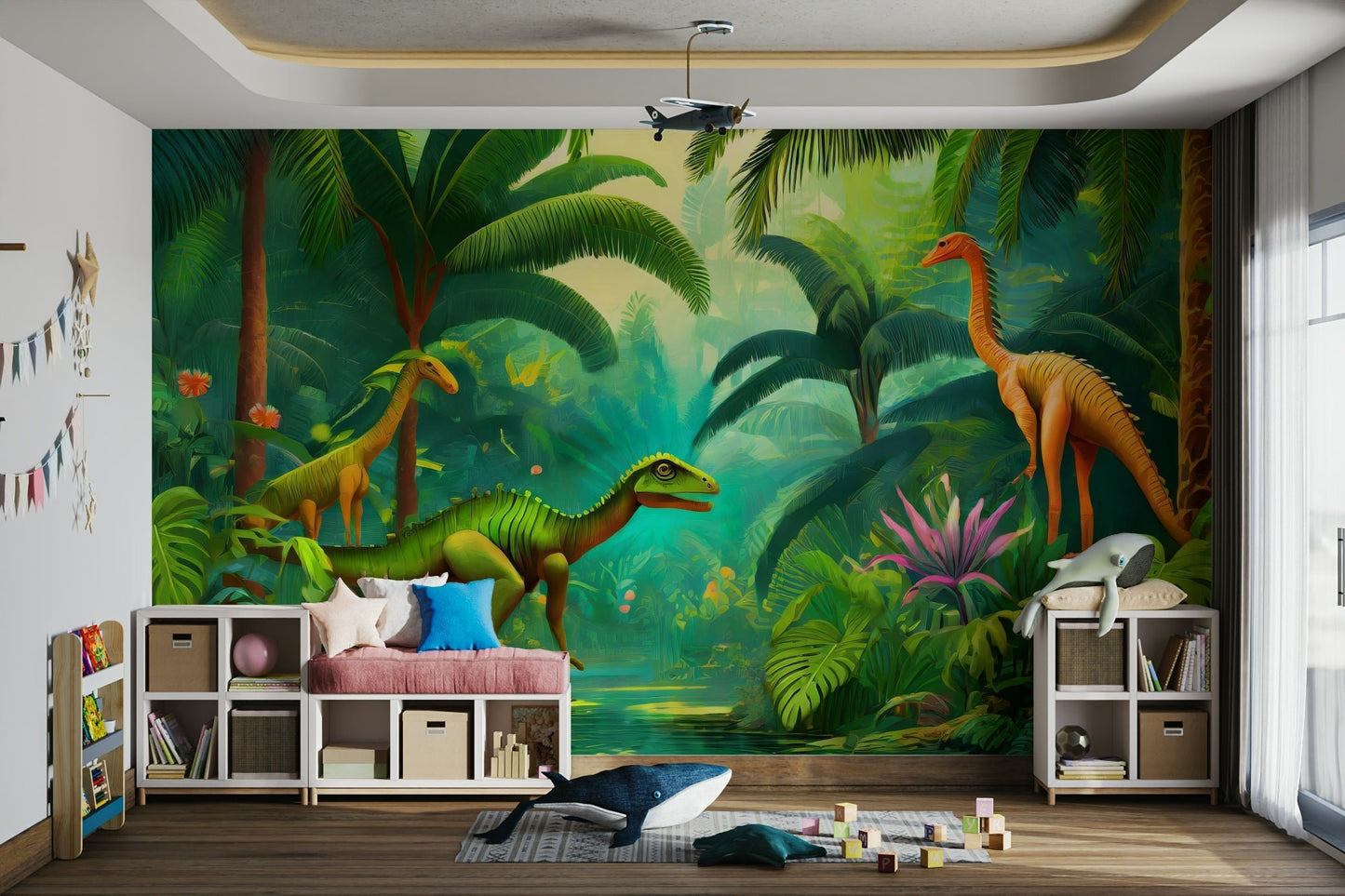 Dinosaur-themed Jurassic Oasis mural for playrooms

