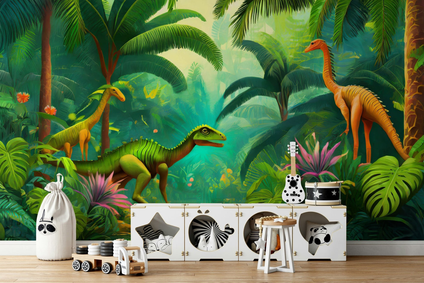 Jurassic Oasis mural with tropical plants and dinosaurs

