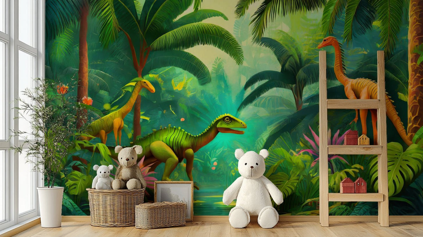 Prehistoric Jurassic Oasis mural for kids’ rooms

