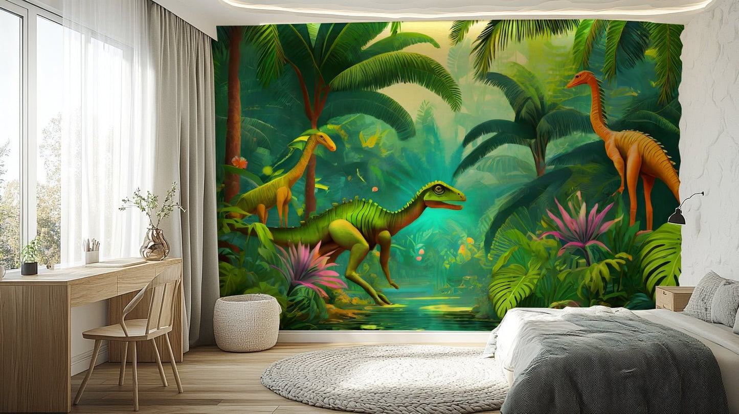 Jurassic Oasis wall mural with dinosaurs and vibrant foliage

