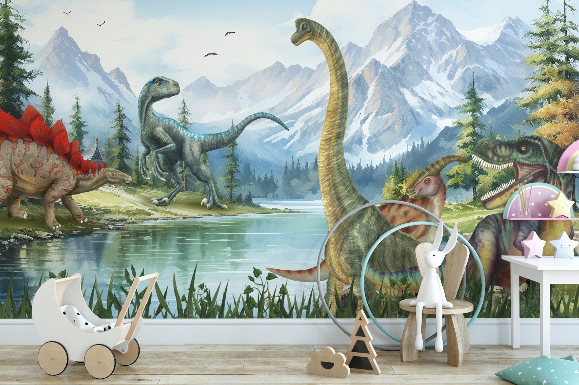 Dinosaur mural wallpaper featuring a vibrant Jurassic Valley., B887