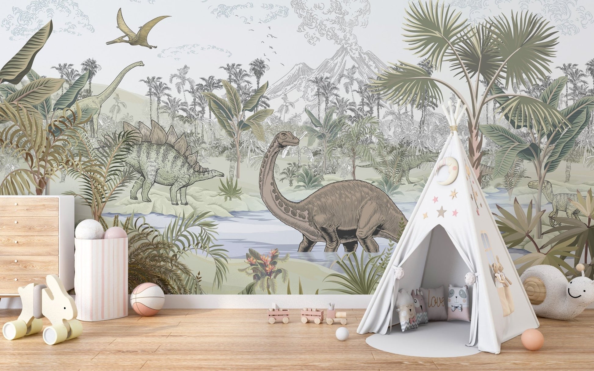 Prehistoric jungle wallpaper for kids' bedroom, C41