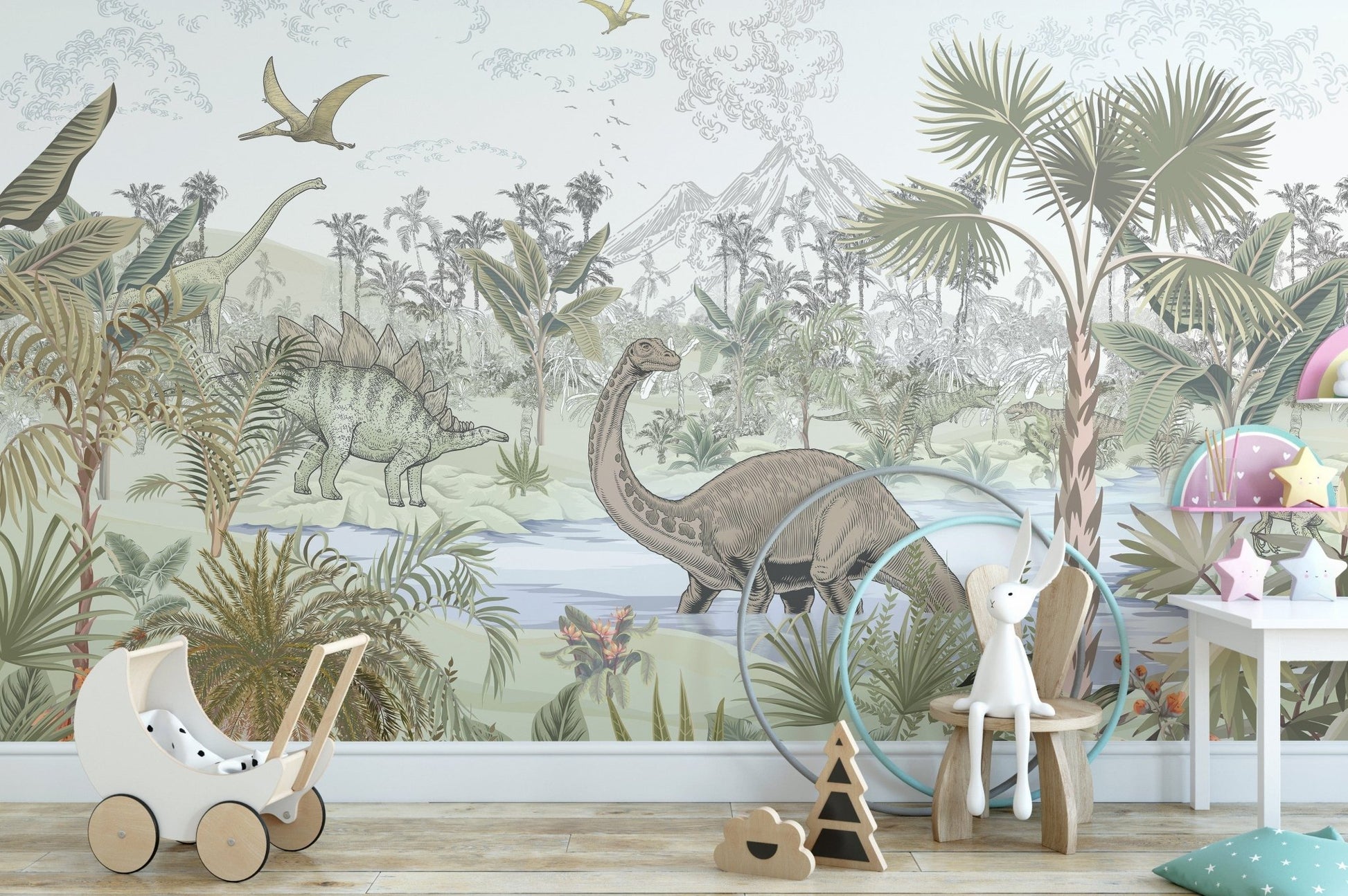 Stegosaurus and Brontosaurus wallpaper for toddlers’ room, C41