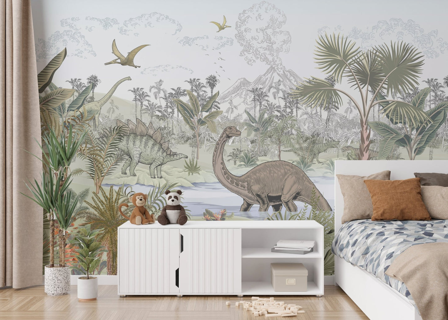 Jurassic landscape kids wallpaper with vibrant greenery, C41