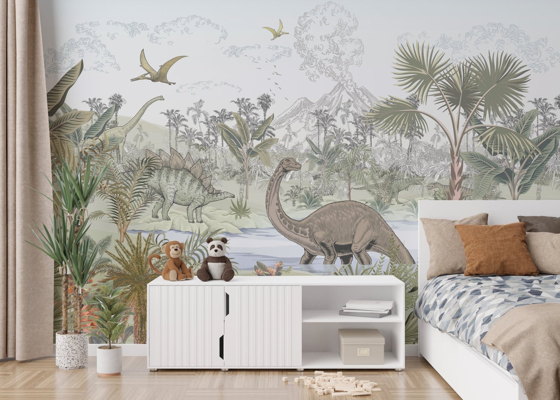 Jurassic landscape kids wallpaper with vibrant greenery, C41