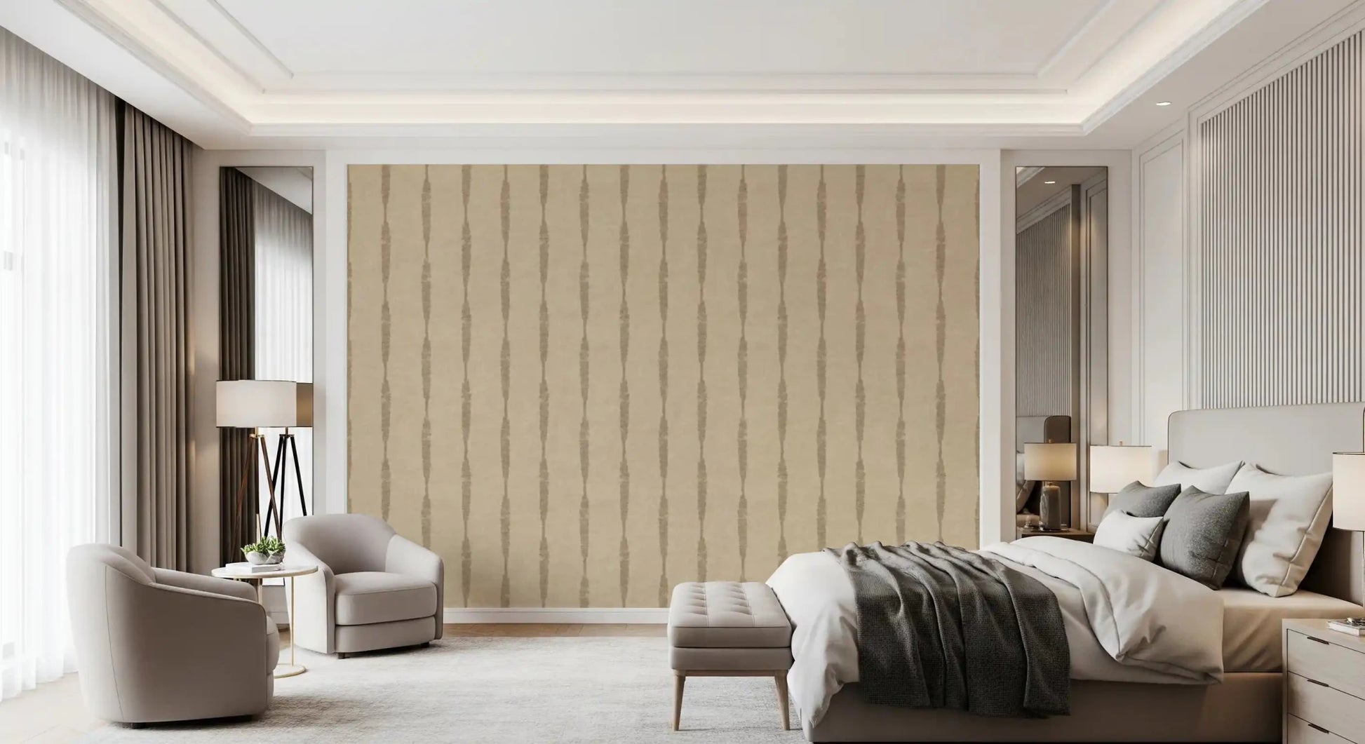 Earthy texture wraps the Bedroom with Khaki Stripe Beige wallpaper.
⁠GD9612