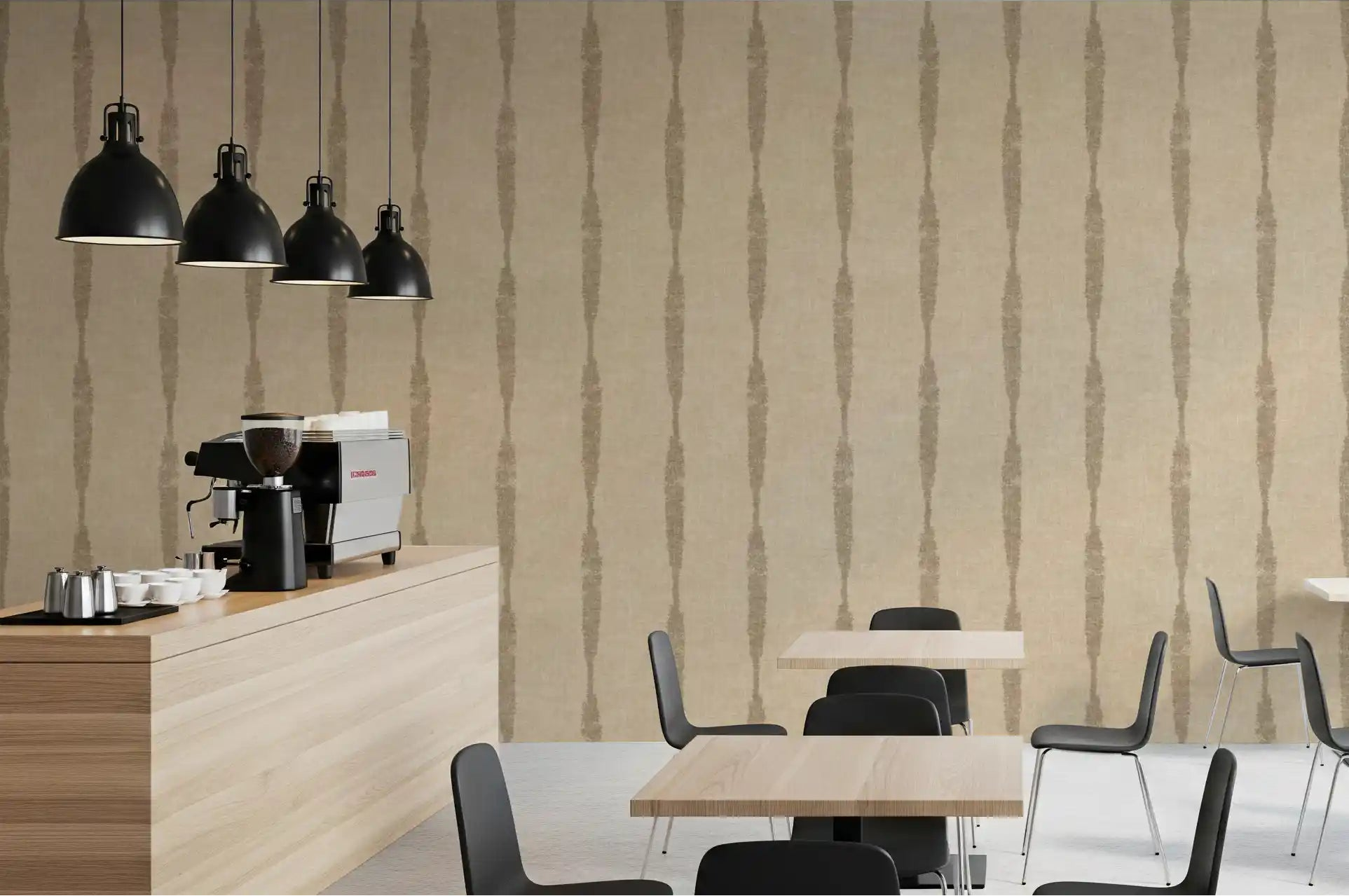 Soft stripe motion threads the café area  across Khaki Stripe Beige wallpaper.GD9612