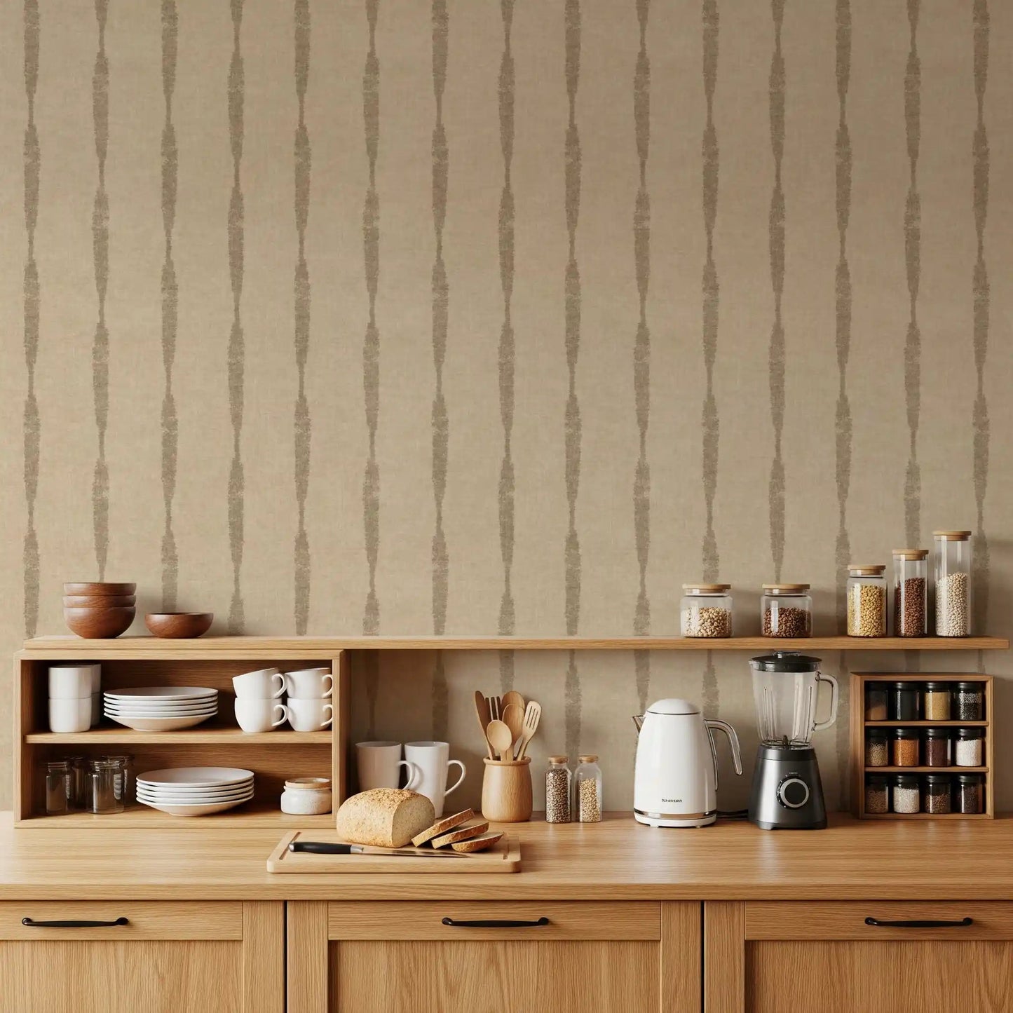 Down the kitchen , painted vertical lines stretch along Khaki Stripe Beige wallpaper.GD9612