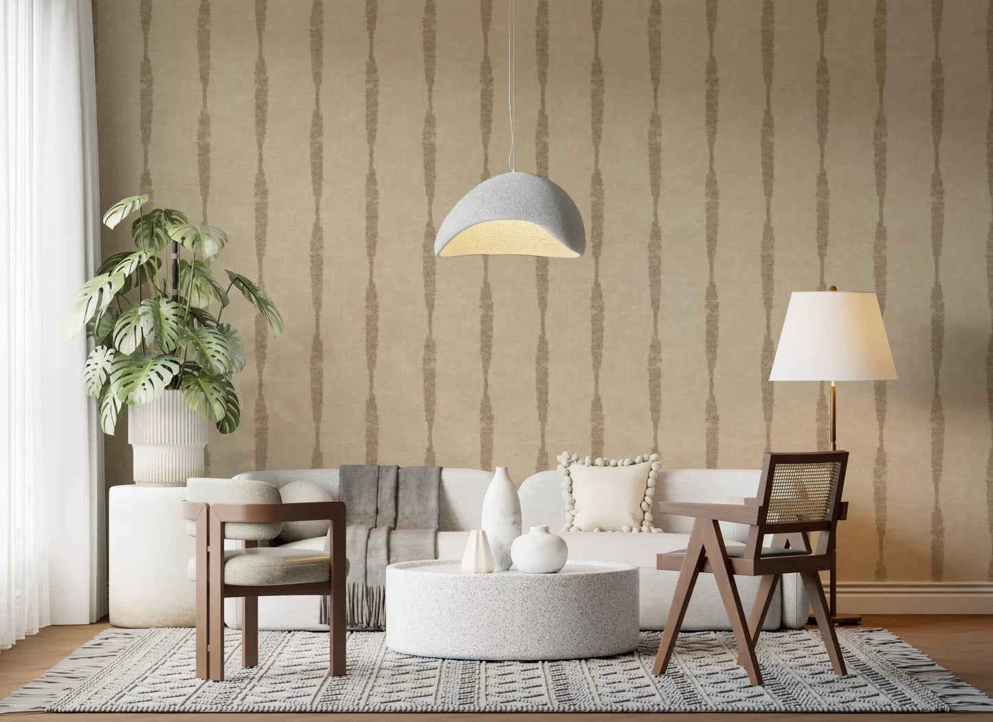 A relaxed lounge backdrop grows from Khaki Distressed Stripe Beige wallpaper.GD9612