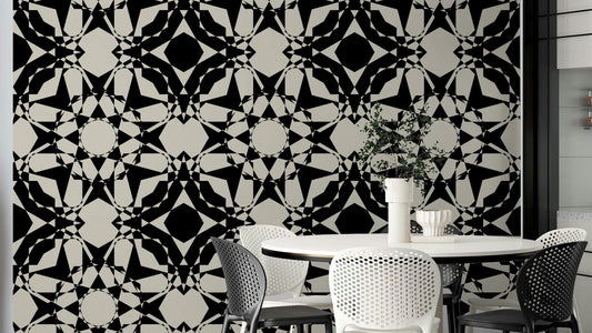An angled shot of a wall with abstract wallpaper

