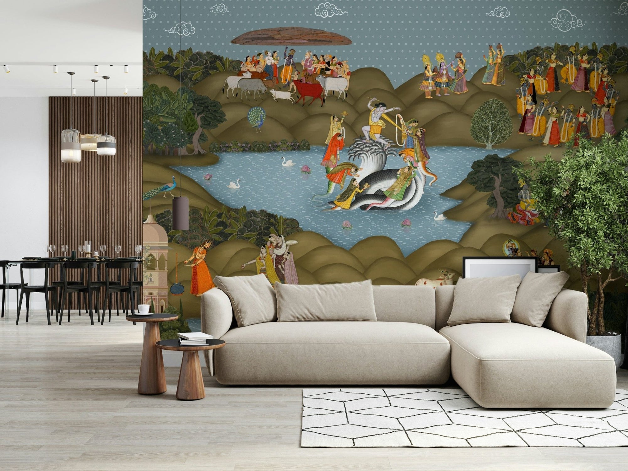 Wide view of Kaliya Mardan Saga wall mural covering an accent wall, GD7549