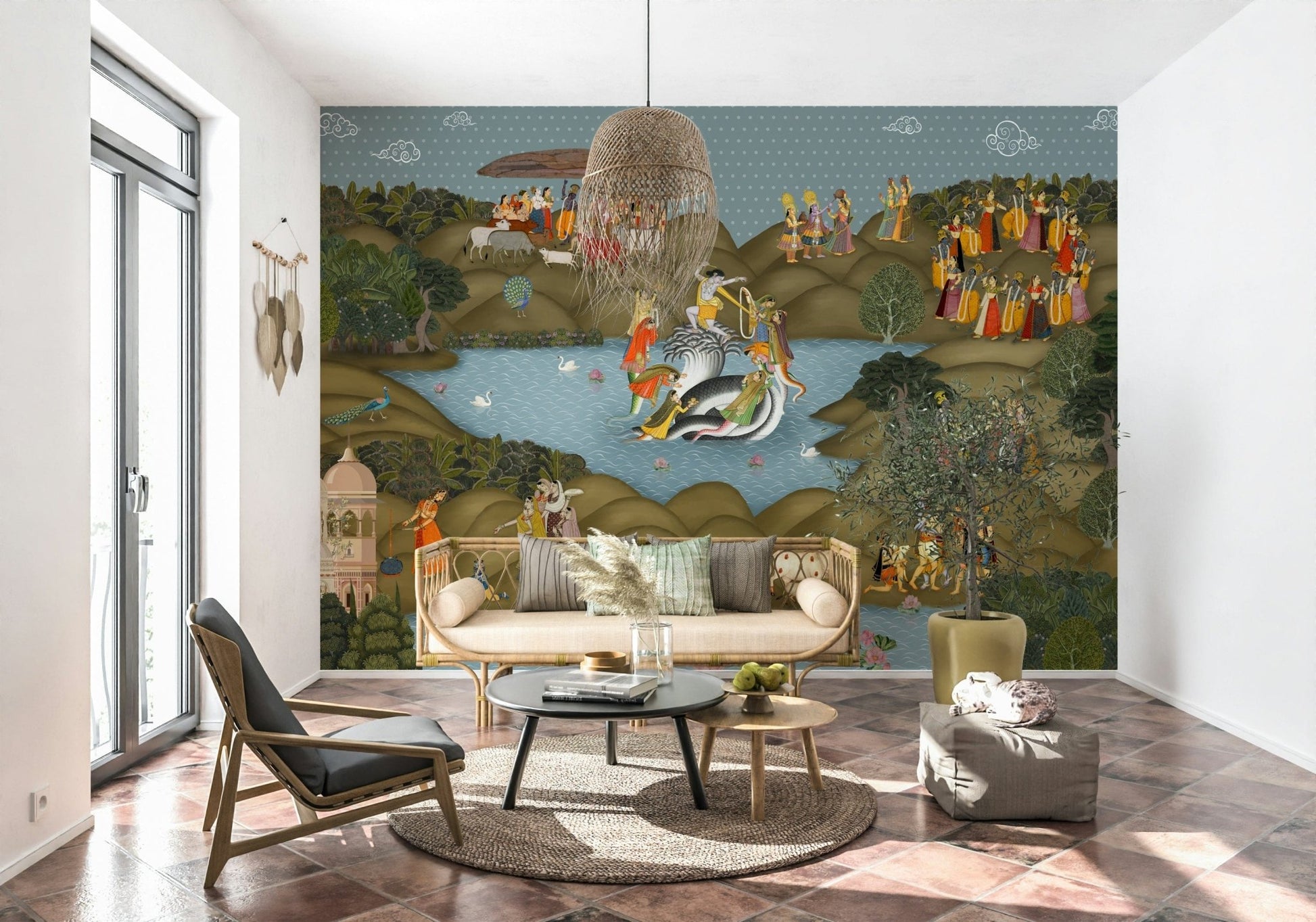 Kaliya Mardan Saga wall mural detail with ornate borders and patterns