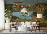 Kaliya Mardan Saga wall mural in heritage-inspired colors and fine lines