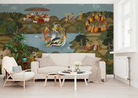 Kaliya Mardan Saga mural behind a console in an entryway setting