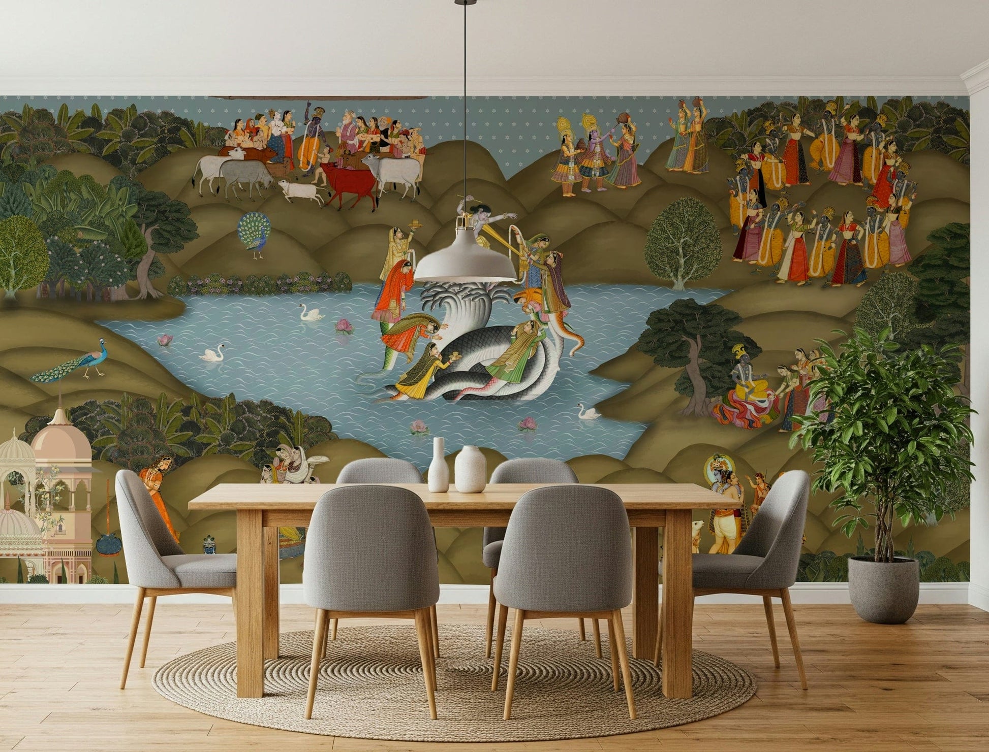 Kaliya Mardan Saga mural artwork with flowing water and serpent forms