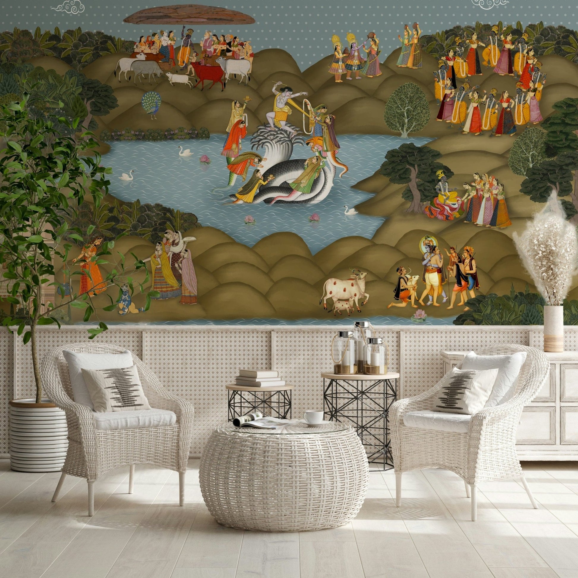 Kaliya Mardan Saga mural installed on a living room feature wall