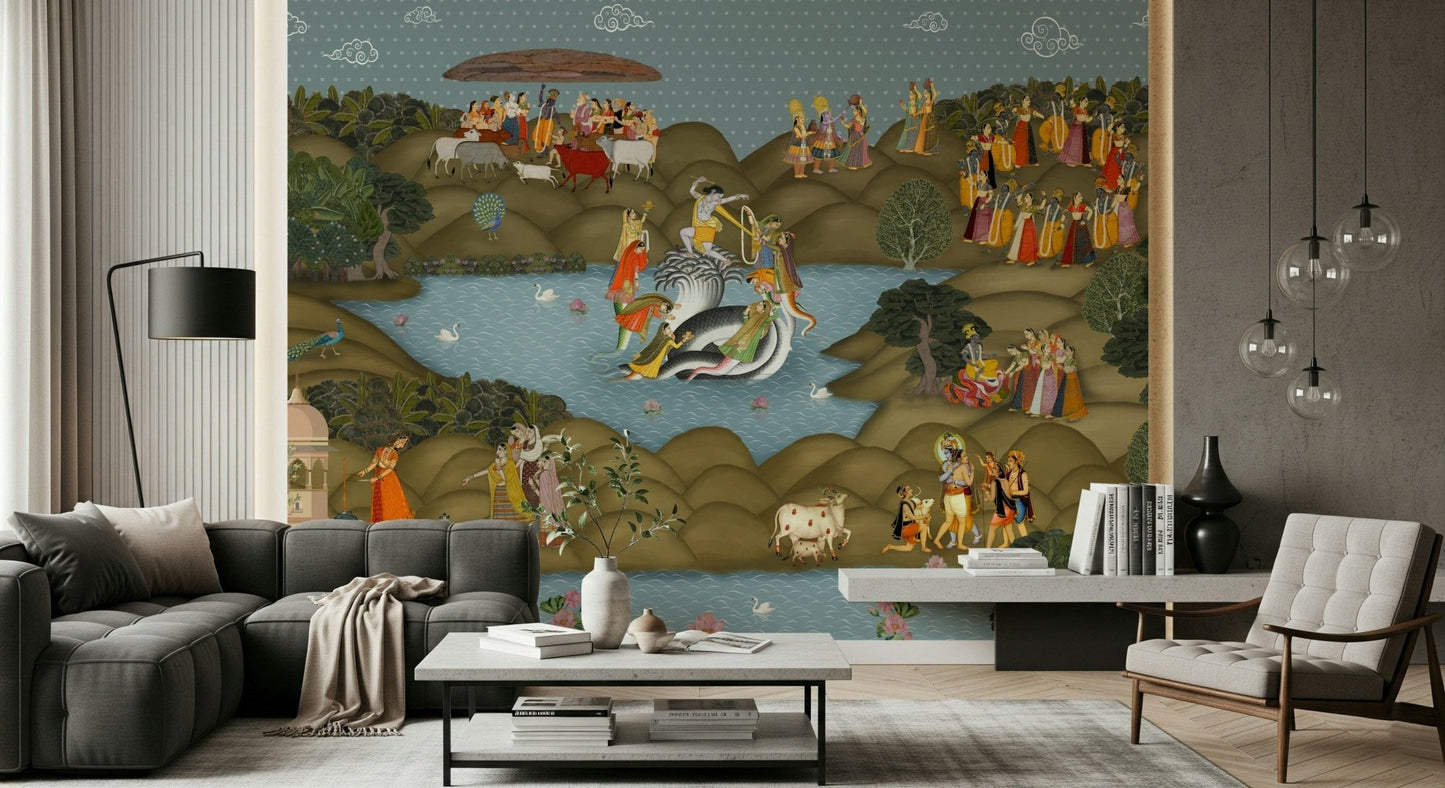 Kaliya Mardan Saga mural with traditional Indian mythological artwork