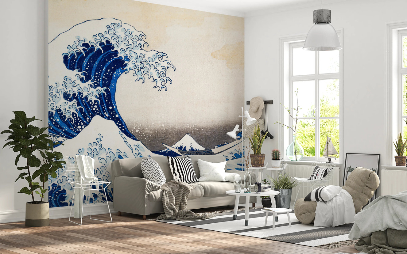 Great Wave off Kanagawa mural in blue living room