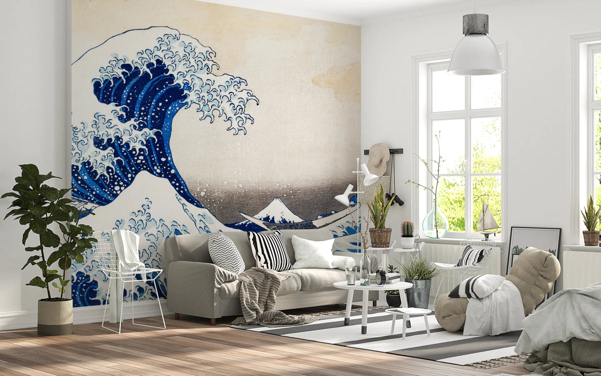 Great Wave off Kanagawa mural in blue living room, GD8198