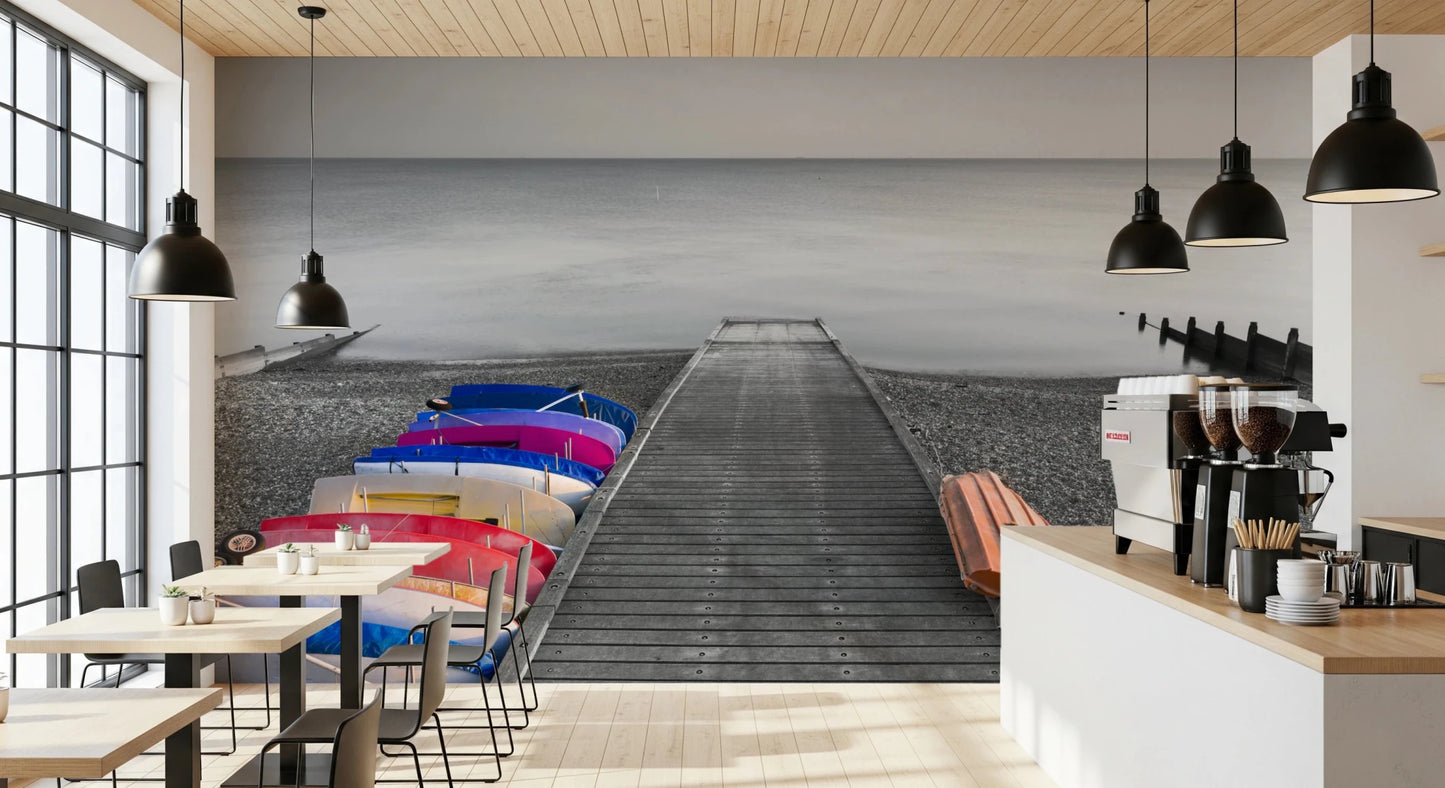 Cozy Cafe area paired with Kayaks on Pier Wall Mural and dock perspective