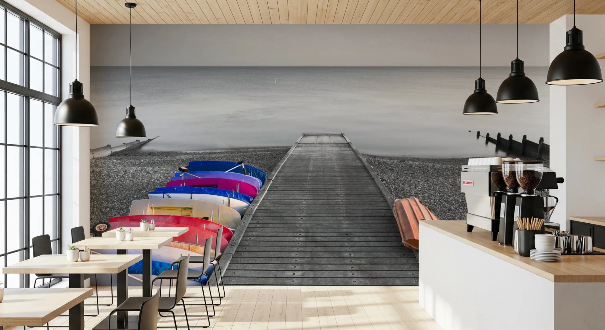 Cozy Cafe area paired with Kayaks on Pier Wall Mural and dock perspective