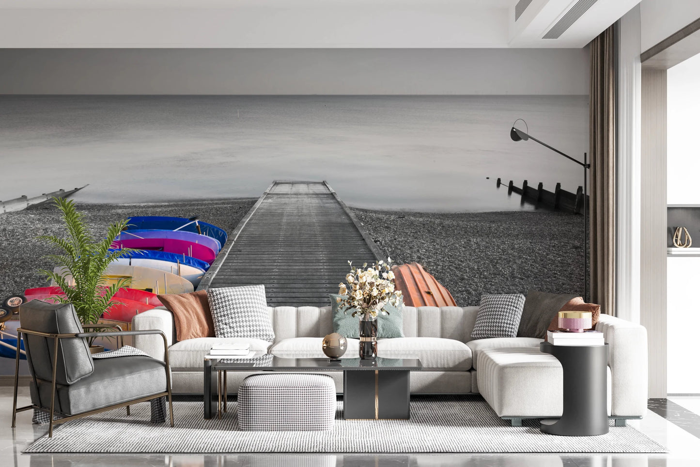 Hallway  featuring Kayaks on Pier Wall Mural behind the bed wall