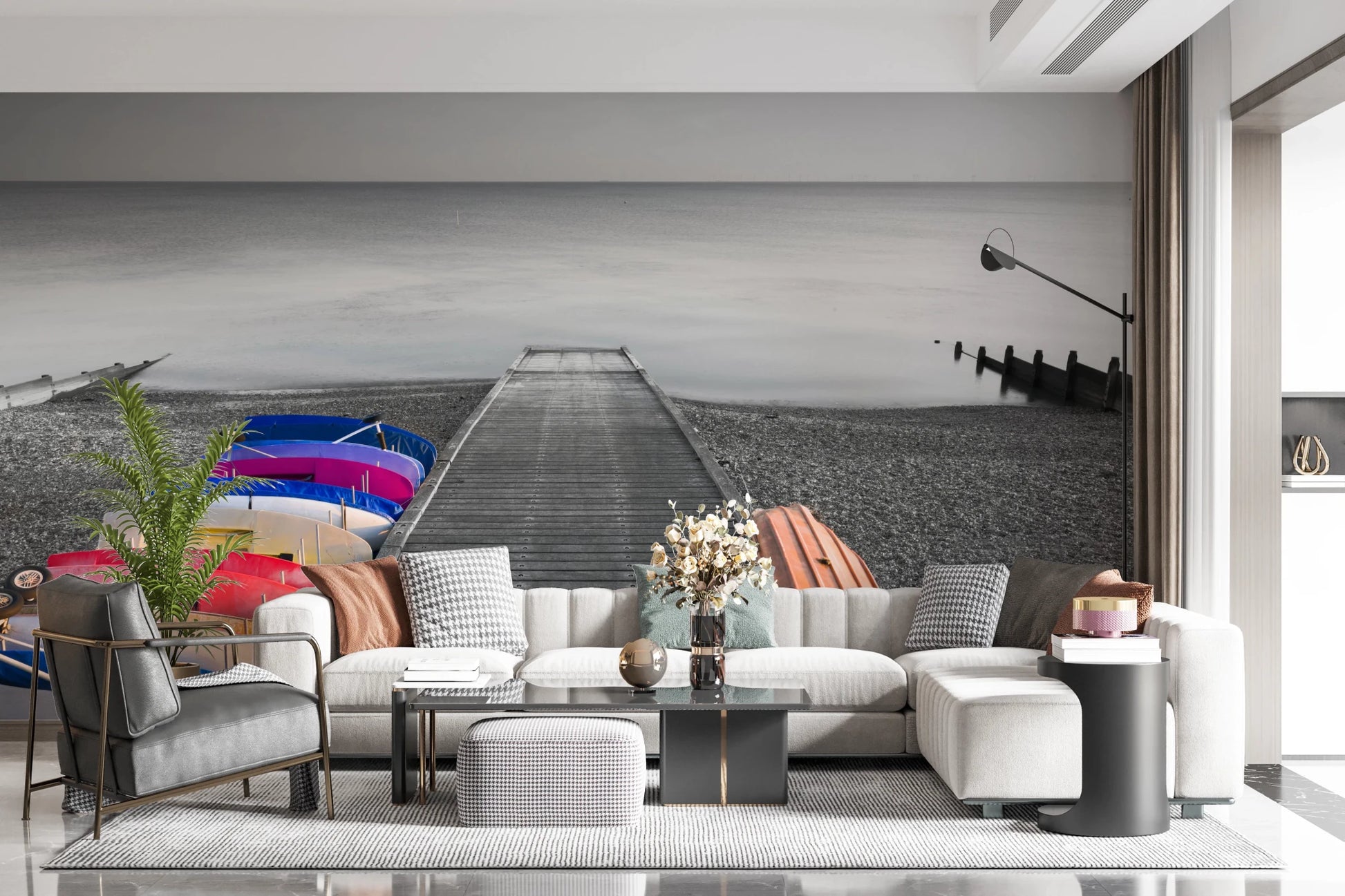 Hallway  featuring Kayaks on Pier Wall Mural behind the bed wall