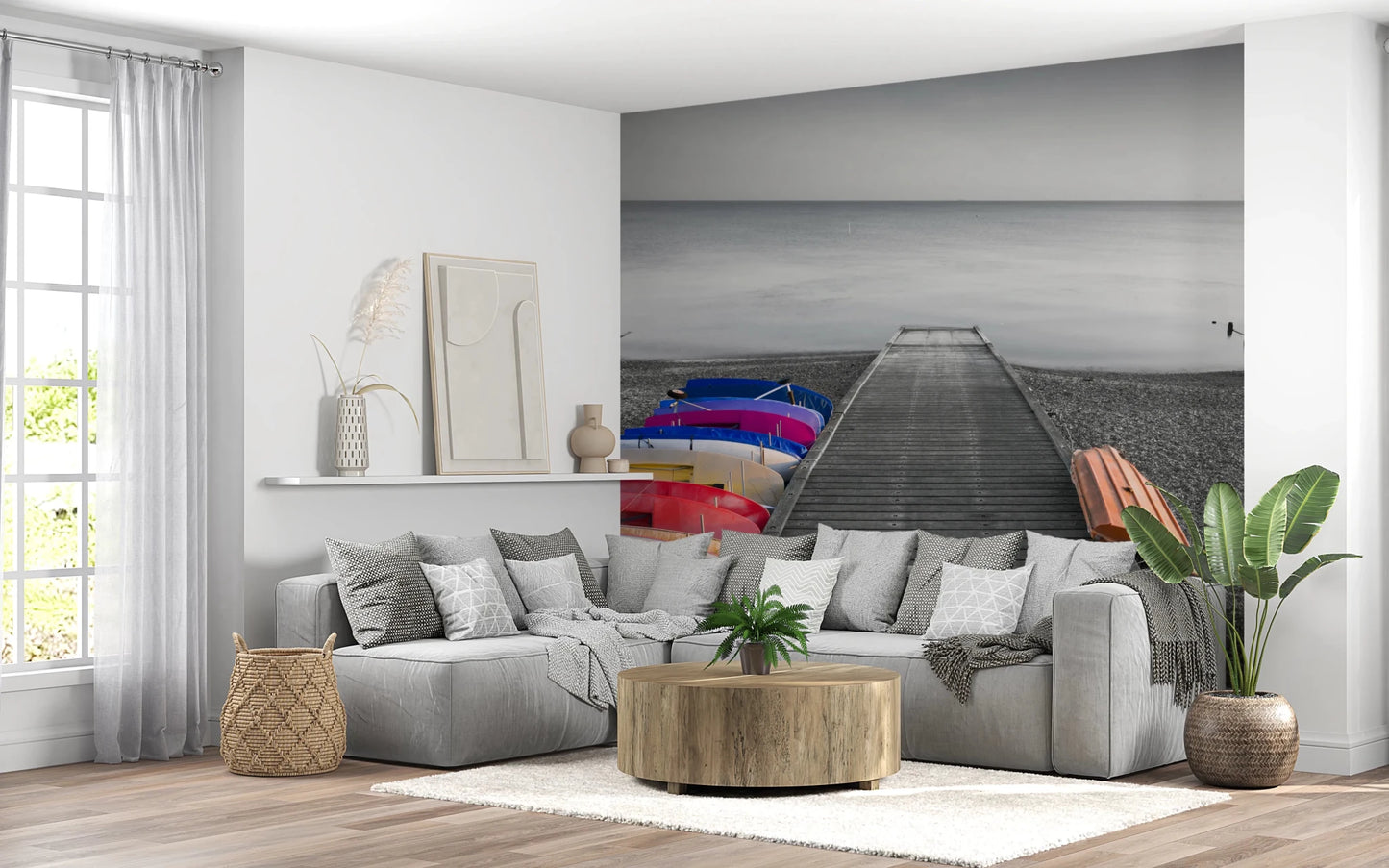 Minimal lounge interior with Kayaks on Pier Wall Mural and calm water scene