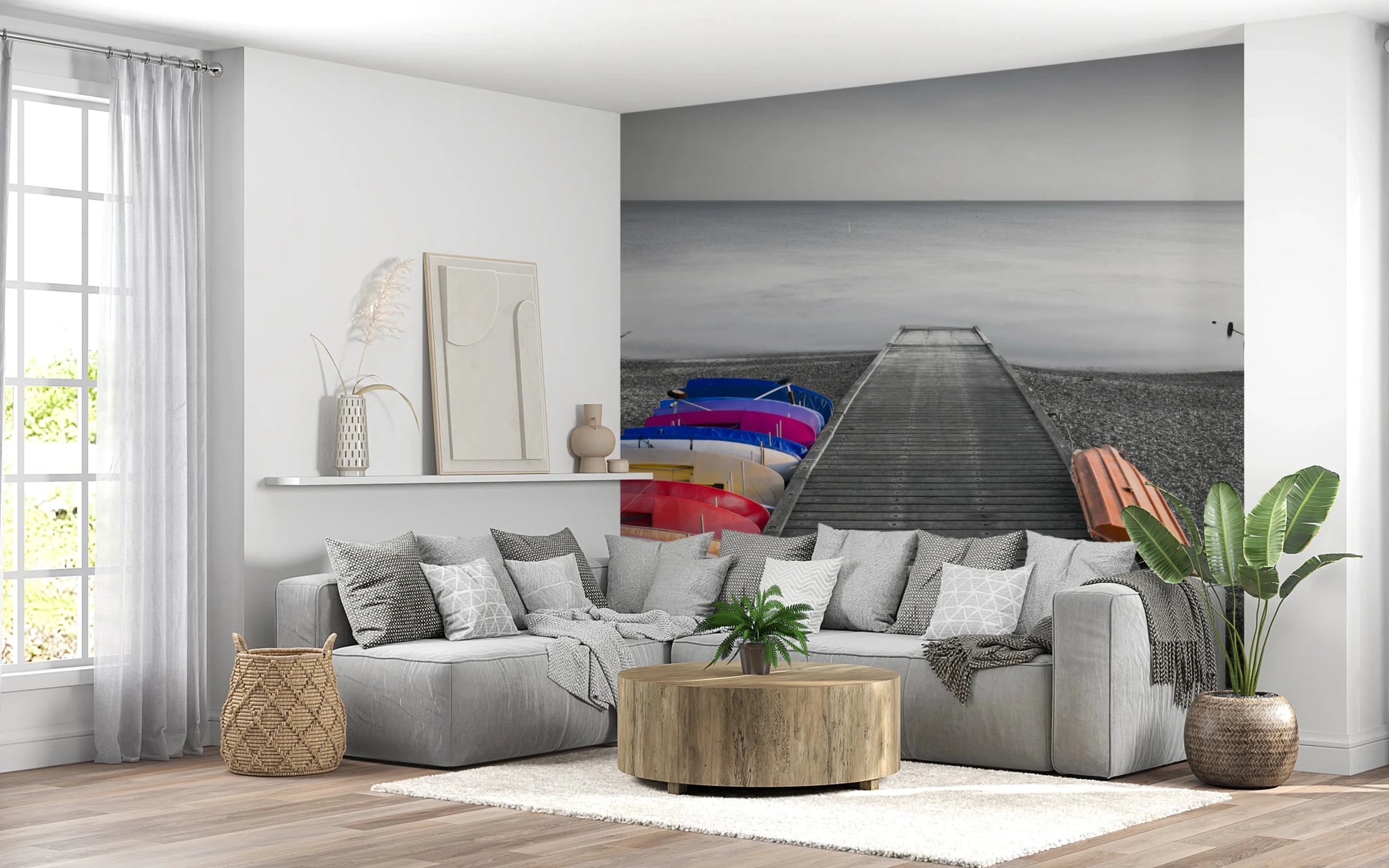 Minimal lounge interior with Kayaks on Pier Wall Mural and calm water scene